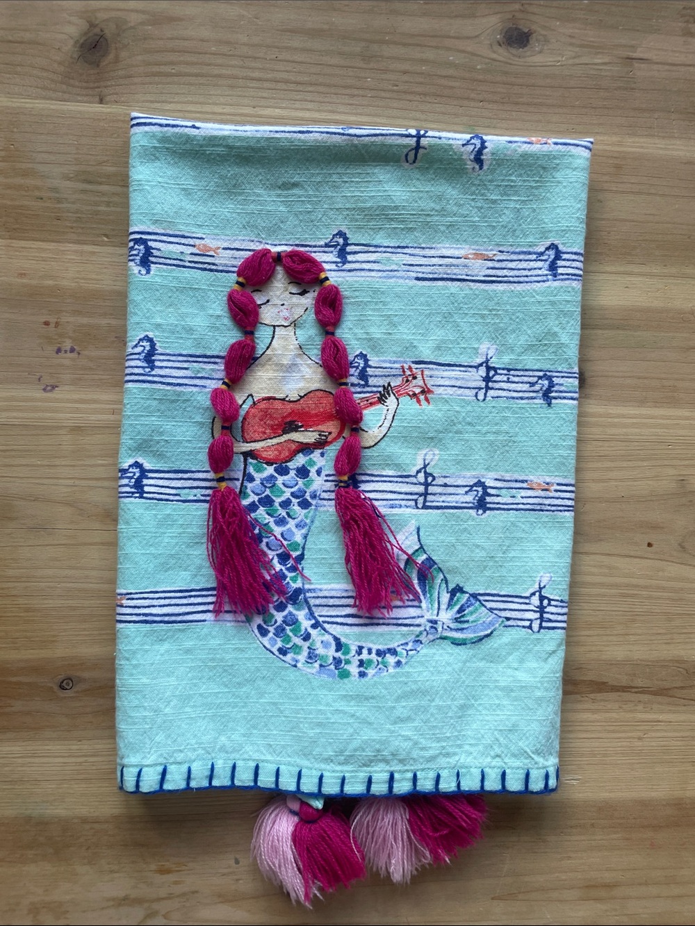 Anthropologie Embroidered Mermaid Hand Dish Towel - Aqua with Pink Tassels